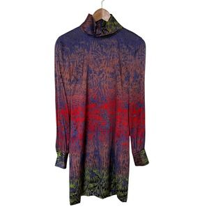 Etcetera Silk Shift Dress Womens 0 Purple Red Green Abstract Mock Neck Euc